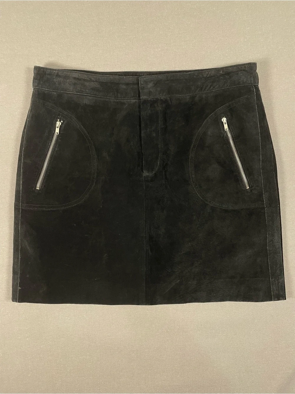 Vintage New Frontier Black Suede Zip Pocket Mini Skirt Size 6 Genuine Leather